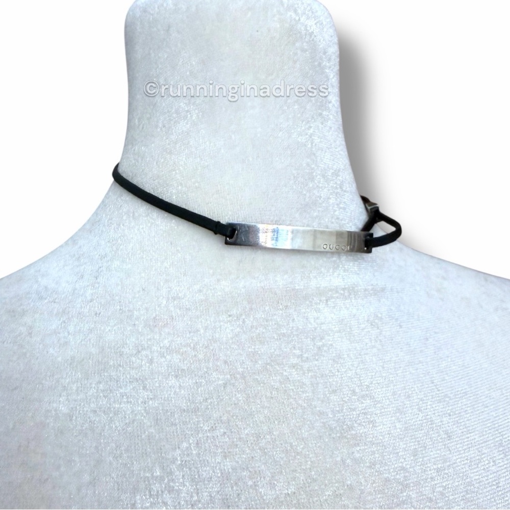 Authentic Y2K Gucci Sterling & Leather Silver Logo Bar Choker Wrap Bracelet - Picture 10 of 12